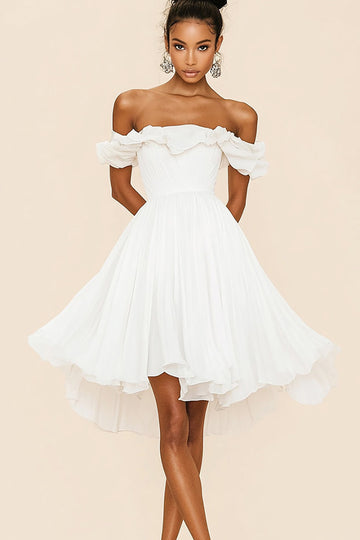 White Off The Shoulder A Line Ruffles Graduation Dress